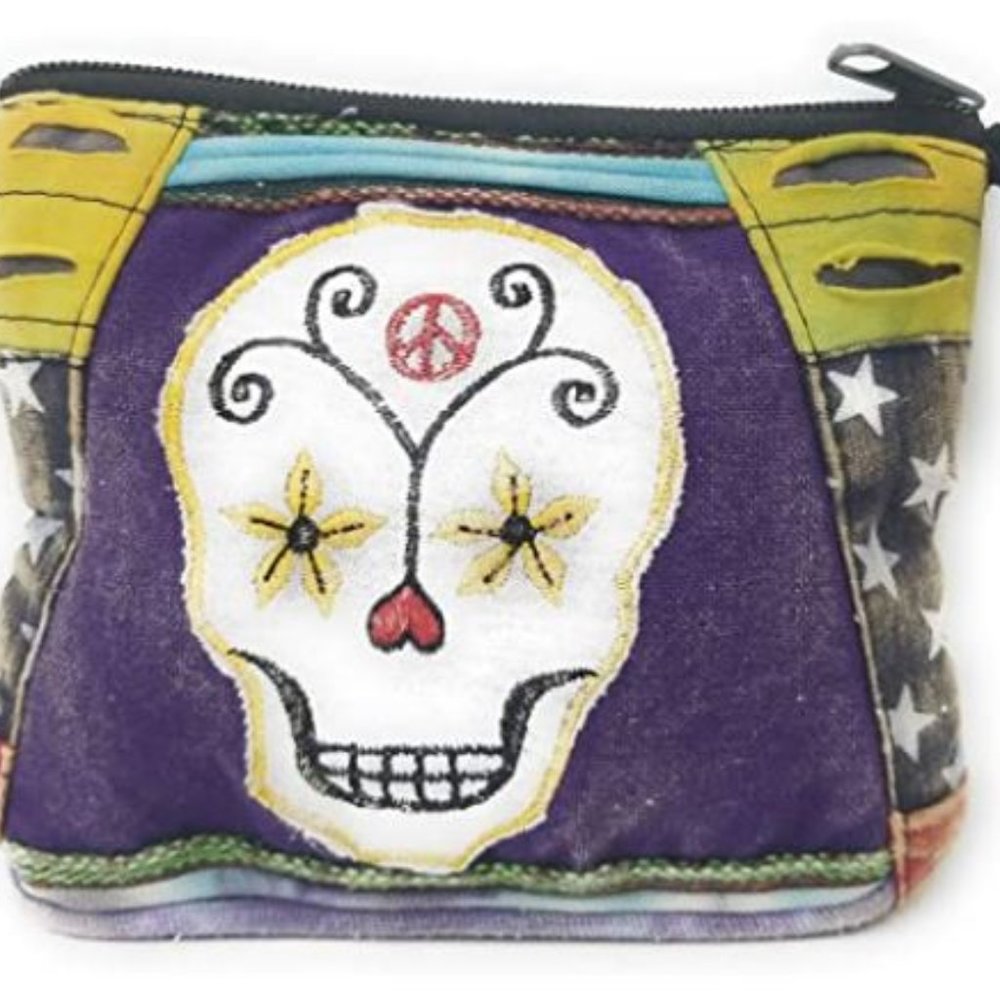 Sugar Skull Coin Purse Wallet  Small Cosmetic Bag Handcrafted
